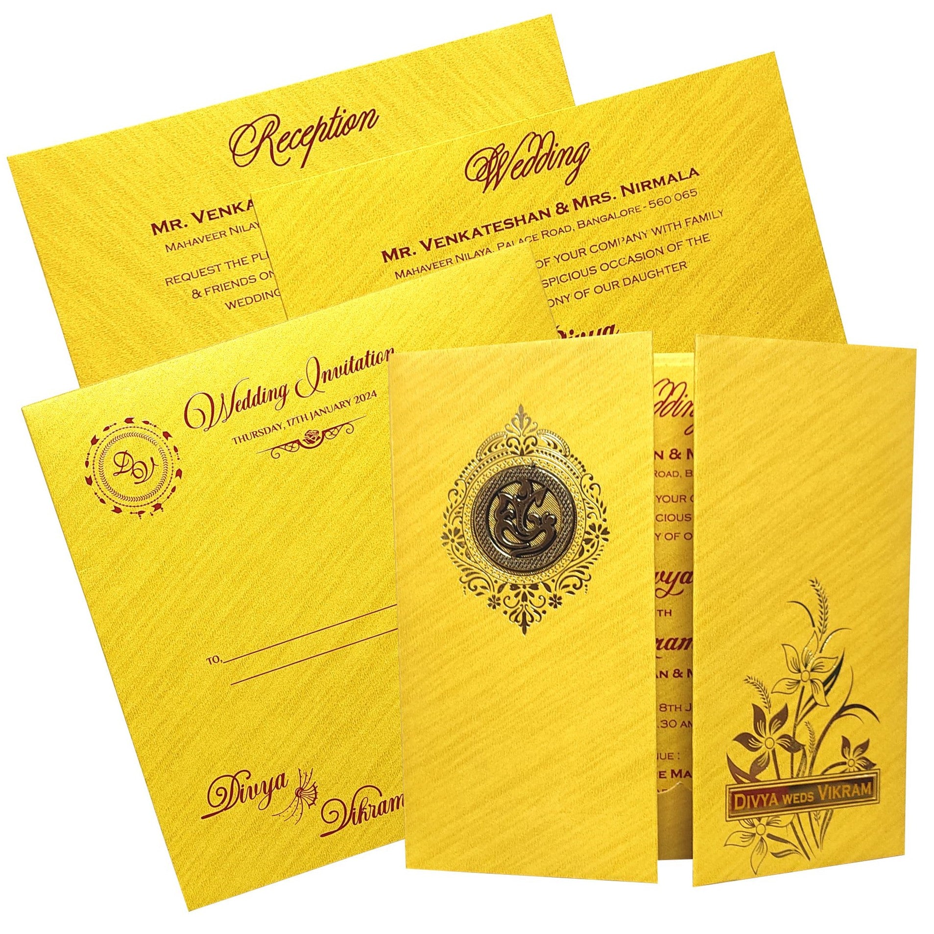 Check out the collection of Gold padded door type with floral design and acrylic nameplate invitation card at best price. ? Customer Support ? Home Delivery