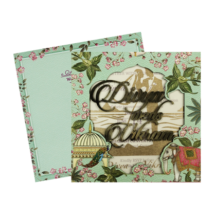 Green Elephant Peacock Laser-Cut Wedding Card-KNPL5806