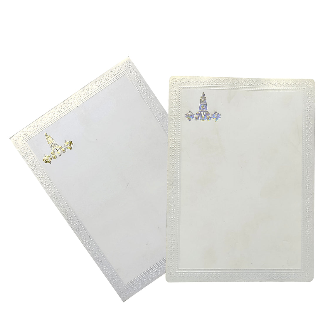Selling White single sheet with silver floral border and balaji print invitation card online. Buying invitation cards made easy with King of Cards! &amp;