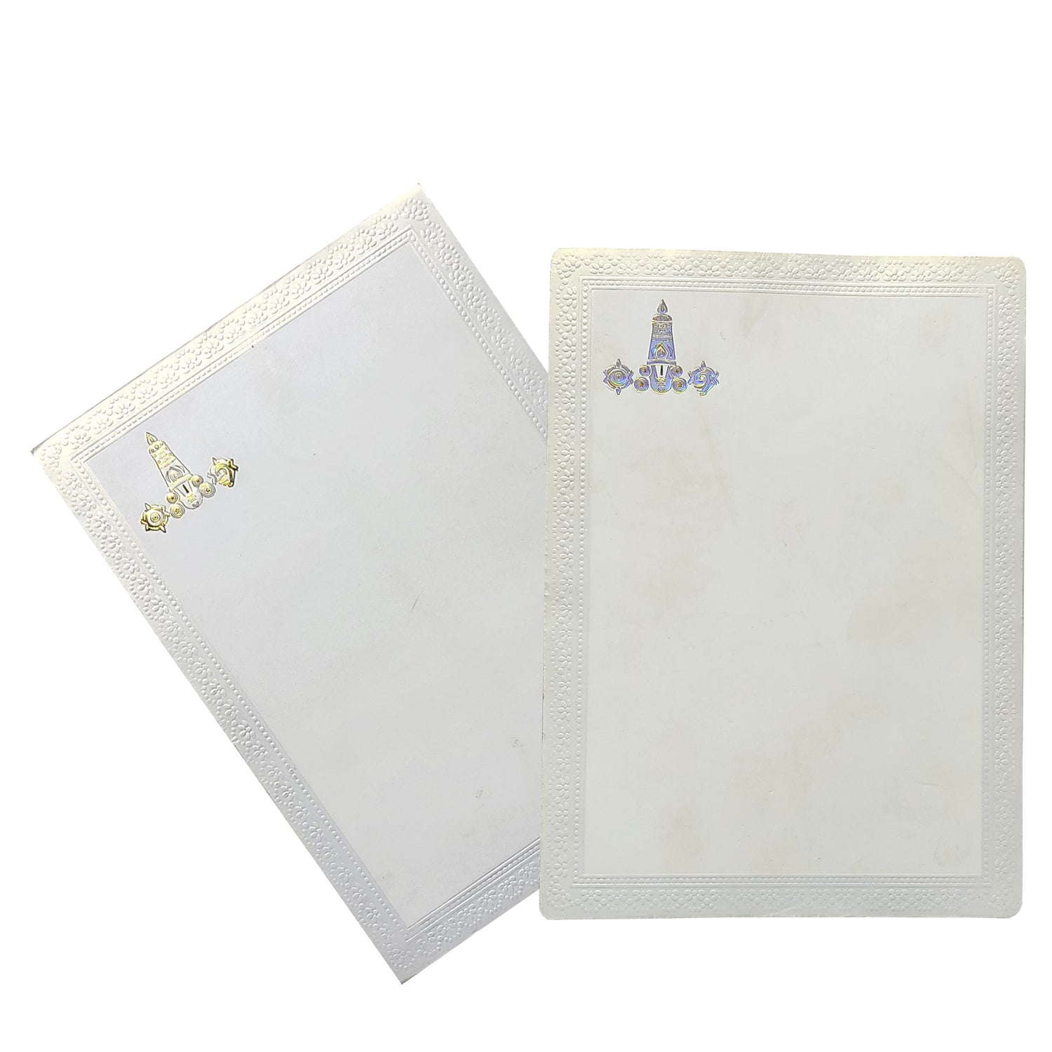 Selling White single sheet with silver floral border and balaji print invitation card online. Buying invitation cards made easy with King of Cards! &amp;