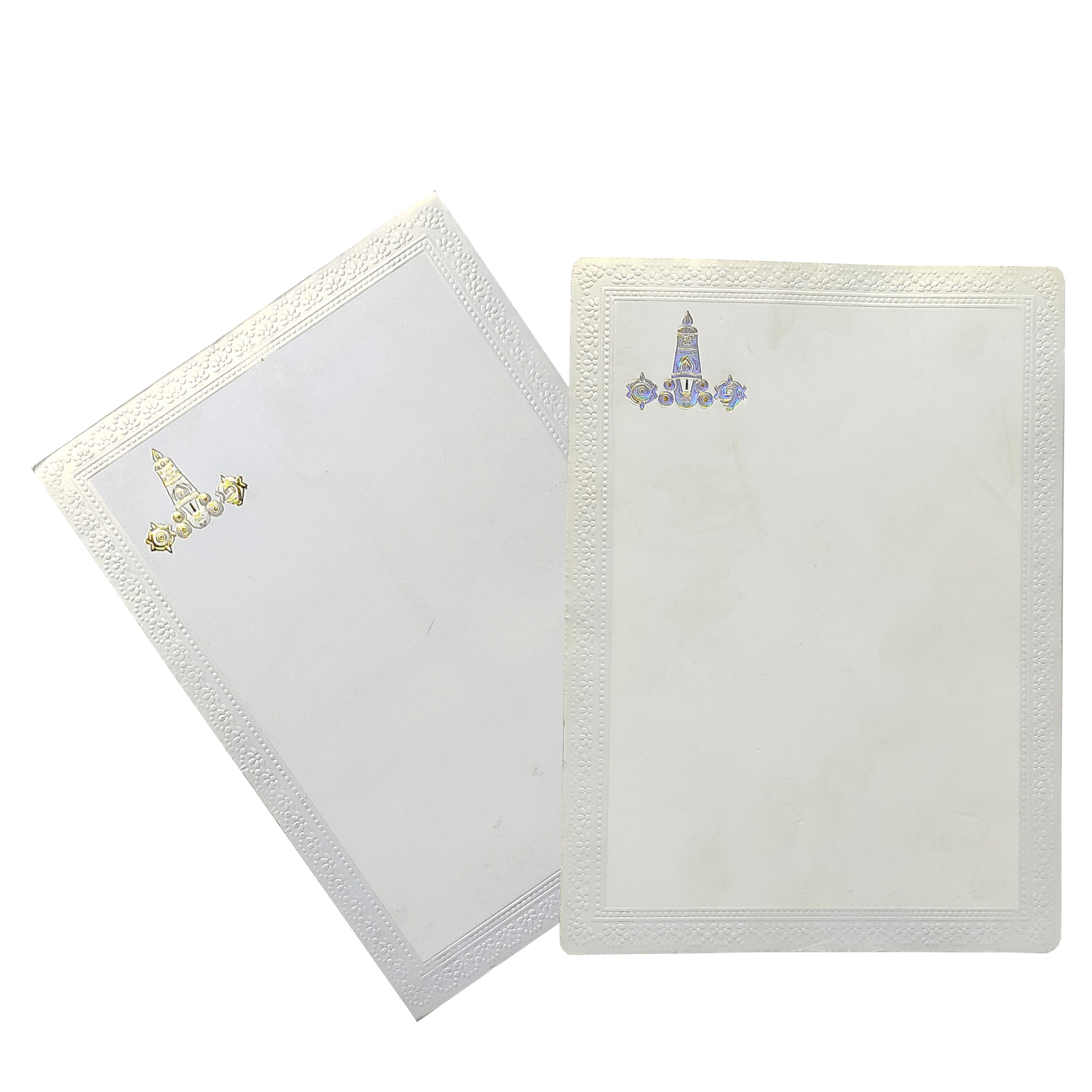 Selling White single sheet with silver floral border and balaji print invitation card online. Buying invitation cards made easy with King of Cards! &amp;