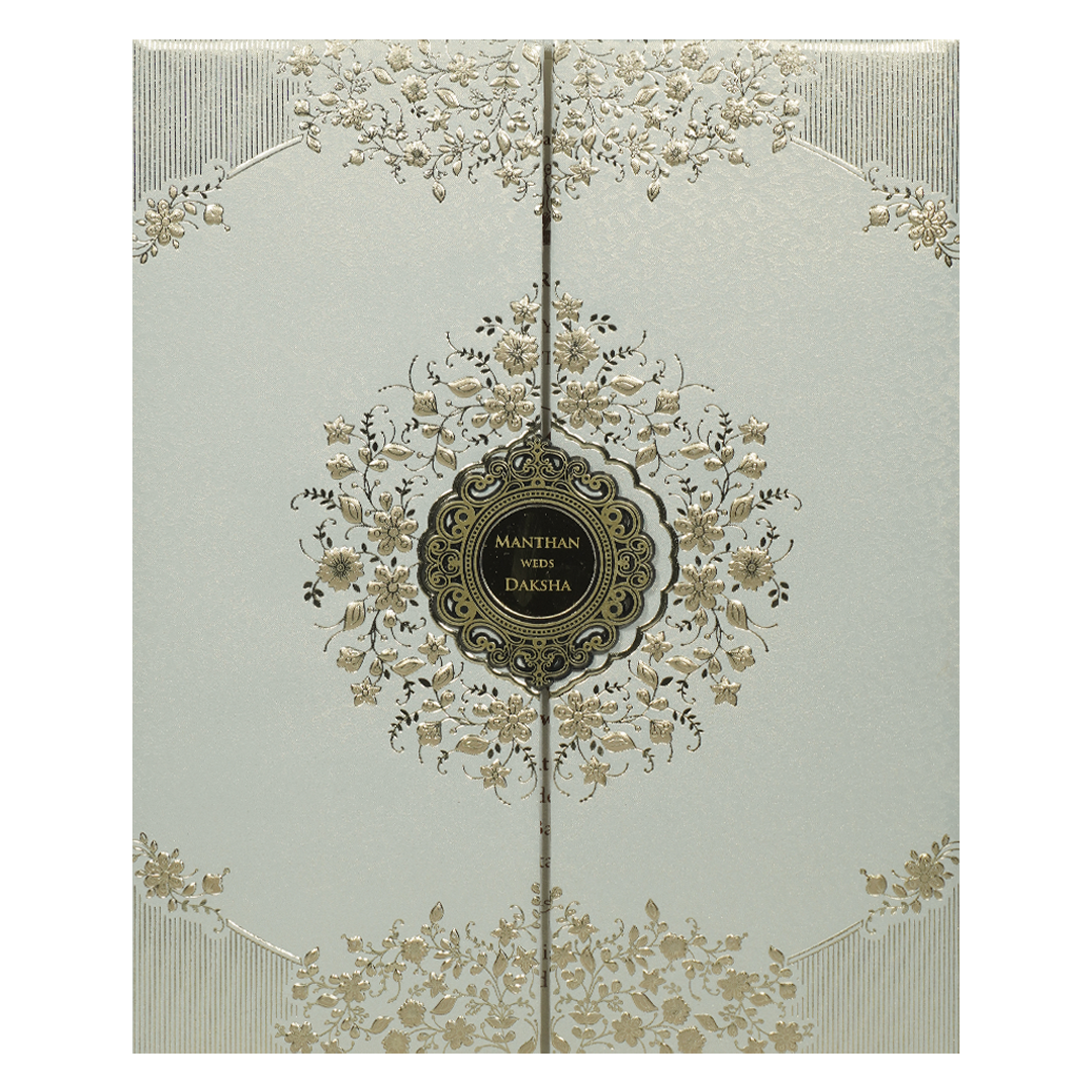 White Gold Square Floral Padded Wedding Card-KSSC2070