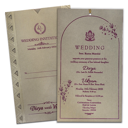 Grey Gold Single Sheet Tassel Wedding Card-KNPD1123