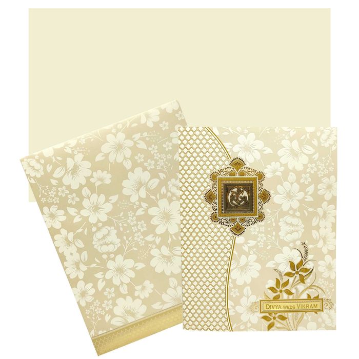 White Embossed Floral Design With Ganesha And Name Plate-KNJS2060-King of Cards