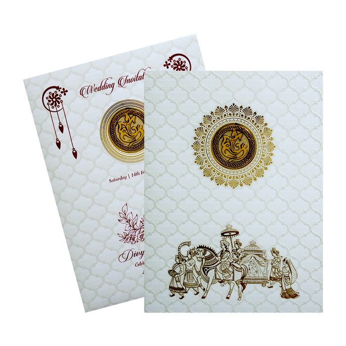White Embossed Baraat Wedding Invitation Card-KNK70550