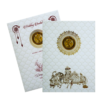 White Embossed Baraat Wedding Invitation Card-KNK70550