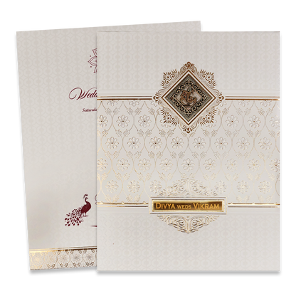 White Gold Floral Padded Wedding Card-KNMS9307