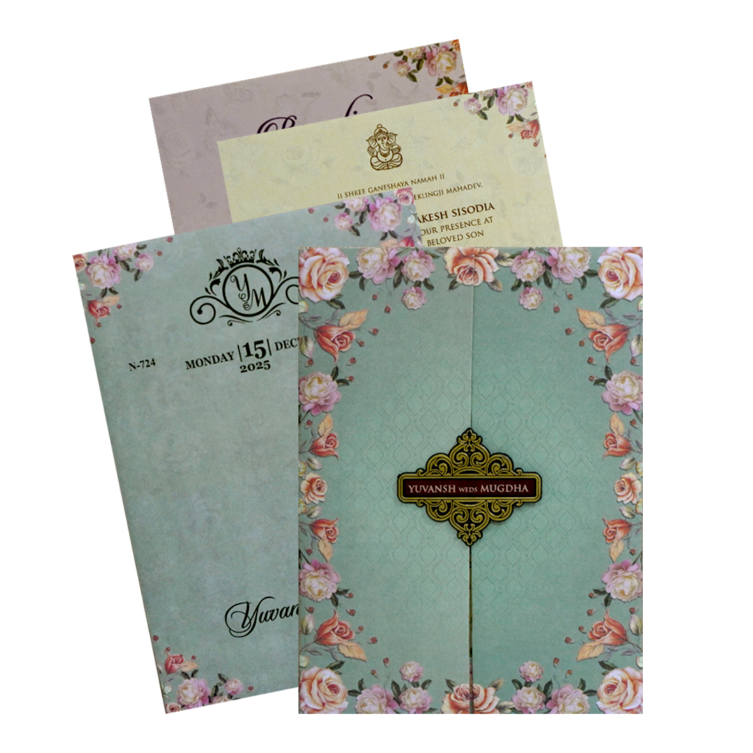 Make your event special with our exclusive Glacial Green Floral Wedding Card Order now! ?WhatsApp Support ?Express Delivery.
