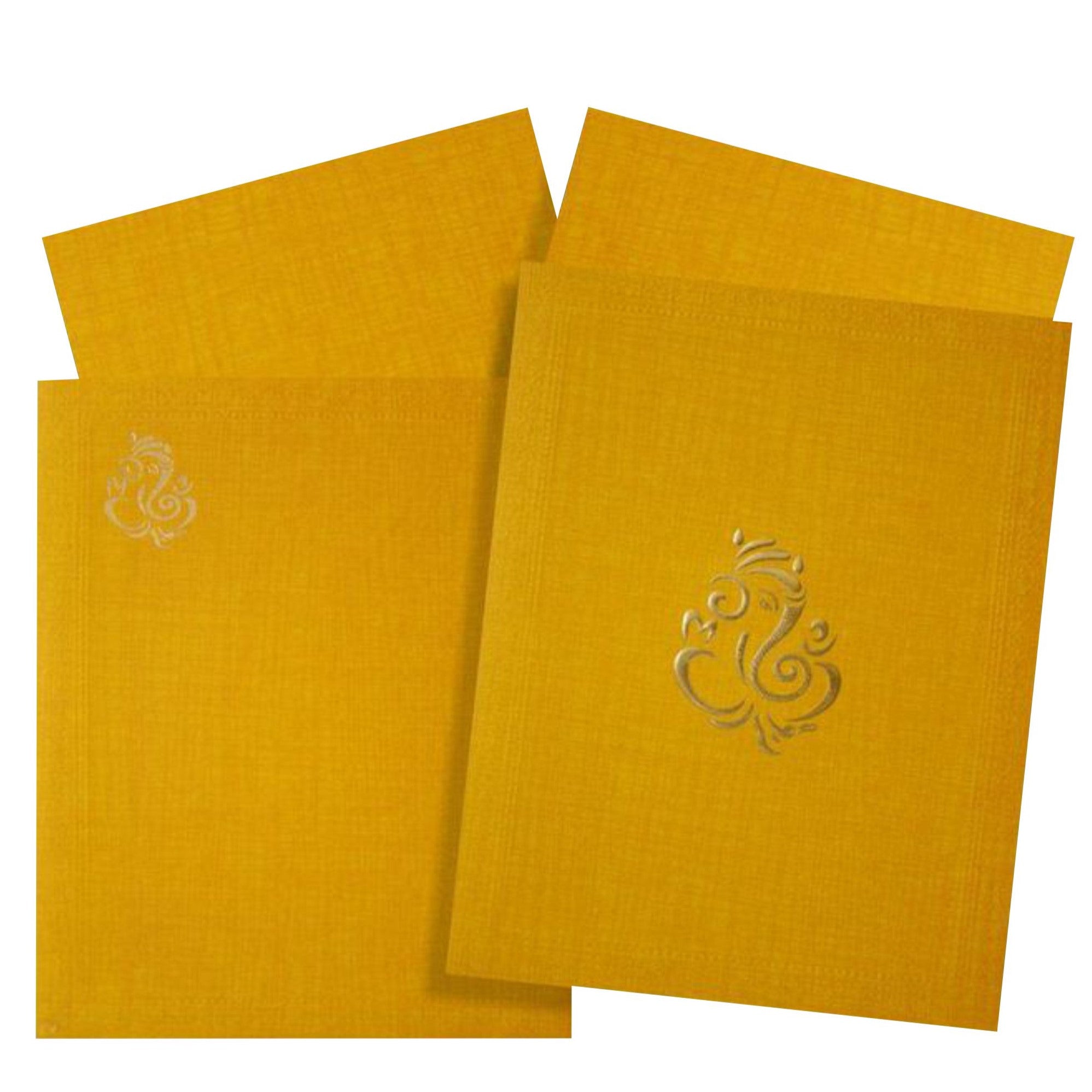 Orange metallic simple invitation card features a beautiful Ganesha in the center crafted out in gold foiling.