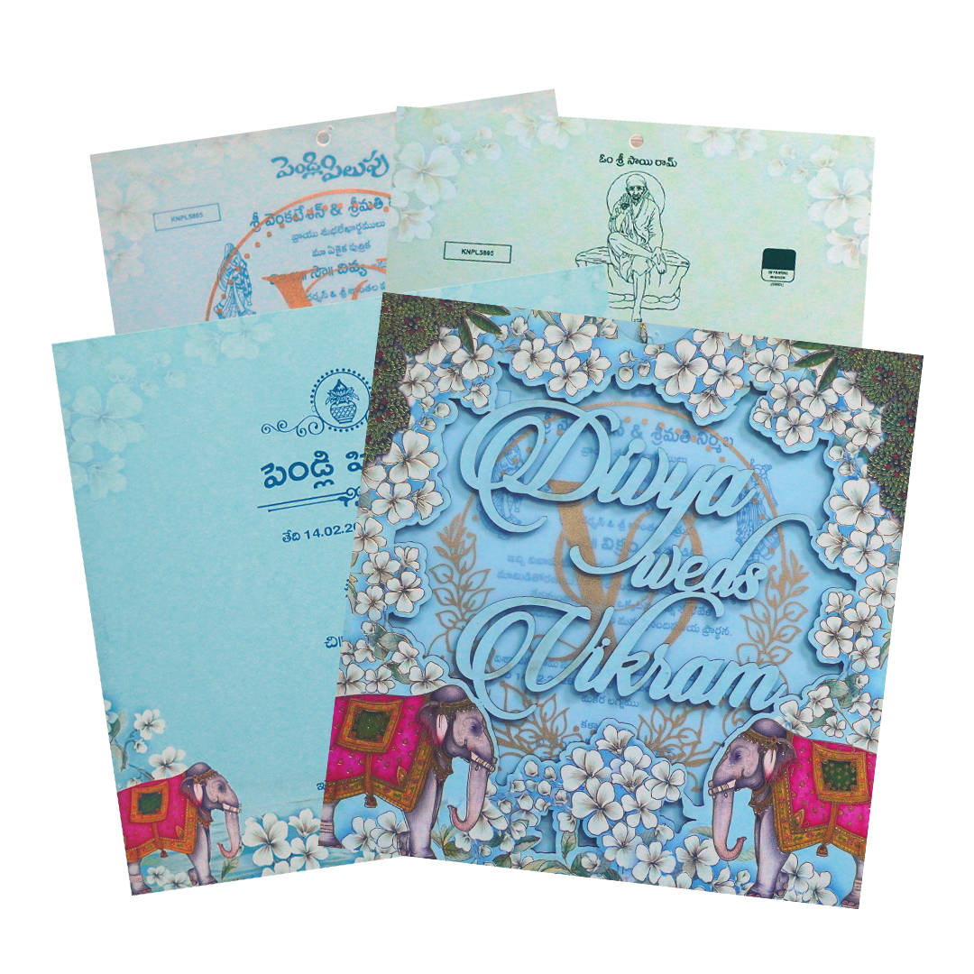 Blue Floral Elephant Cutout Wedding Card-KNPL5805