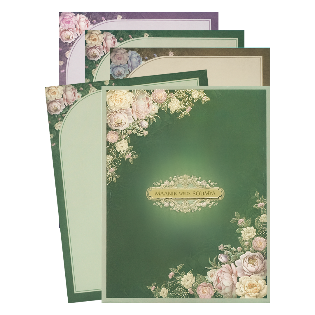 Check out Dark Green Floral Padded Wedding Card at best price.✅WhatsApp Support ✅Express Delivery.|King of cards.