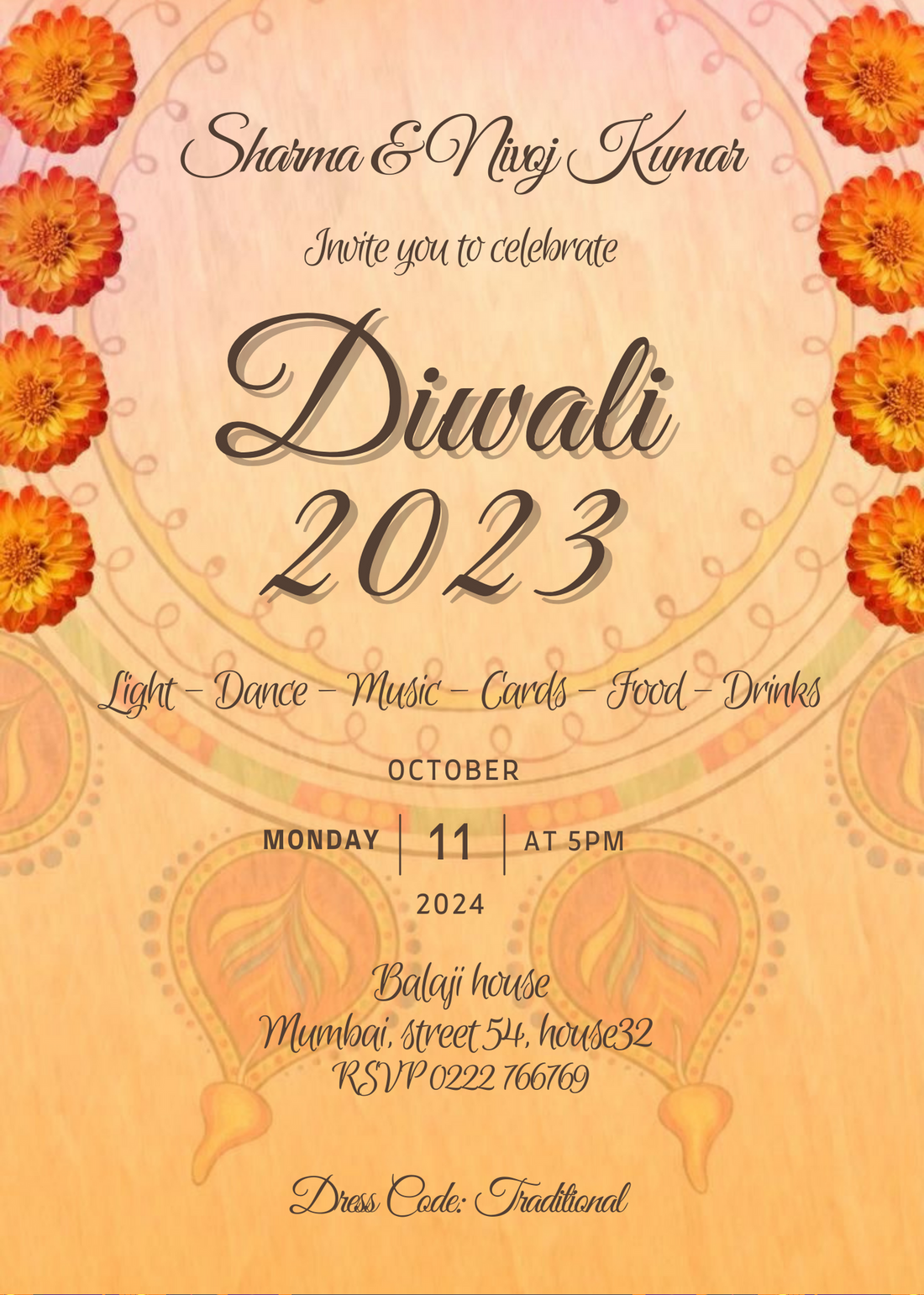 Beige Floral Diwali Invitation-AADWI002
