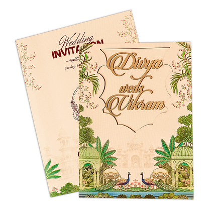 Cream Palace Peacock Padded Wedding Card-KNOR5203