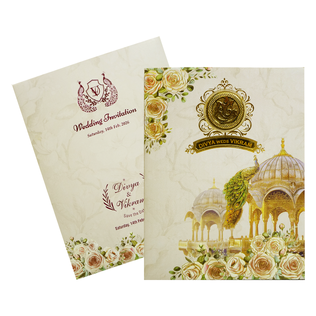 Ivory Traditional Peacock Nameplate Invitation Card-KNTY6802