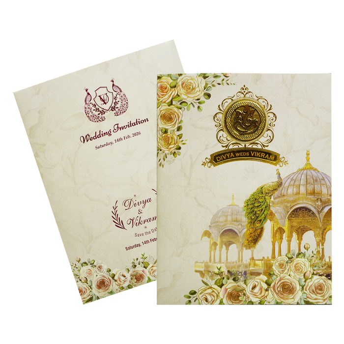 Ivory Traditional Peacock Nameplate Invitation Card-King of Cards