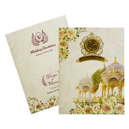 Ivory Traditional Peacock Nameplate Invitation Card-King of Cards