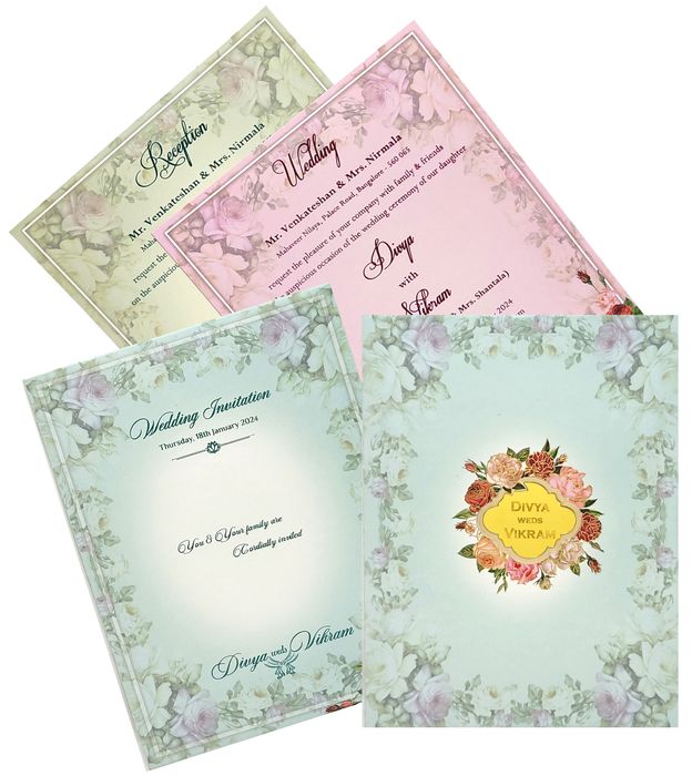 Light blue padded floral design invitation card-King of Cards