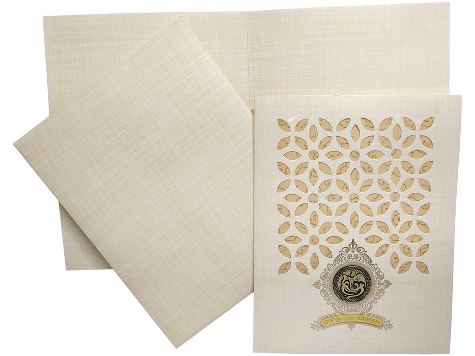 Sandal Metallic Laser Cut Wedding Card In Gold Wolly-KNK9405S-King of Cards