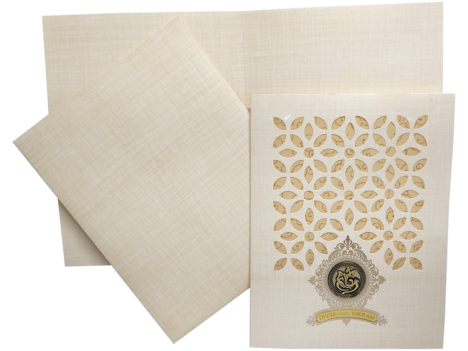 Sandal Metallic Laser Cut Wedding Card In Gold Wolly-KNK9405S