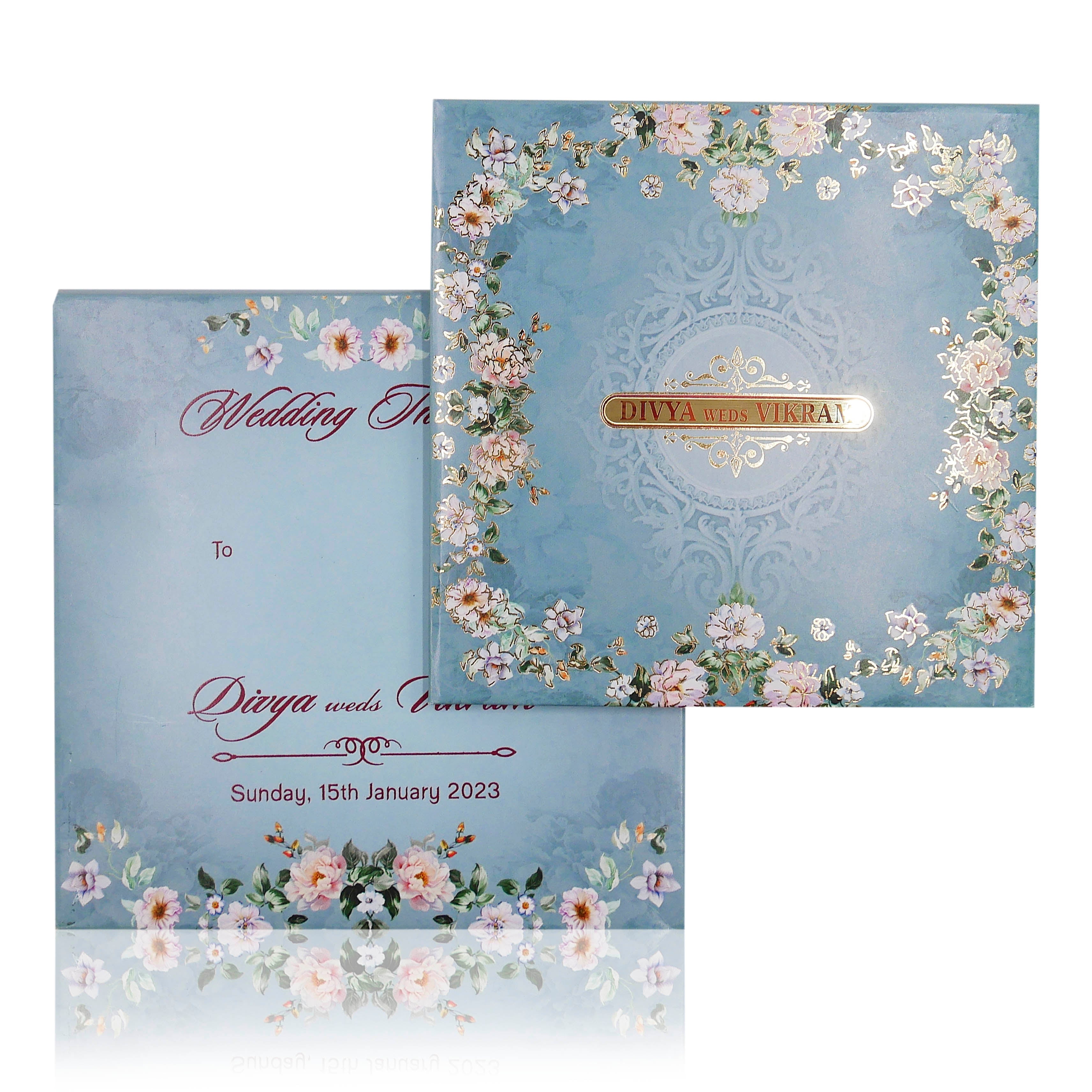 Blue Premium Padded Floral Card With Gold Border-KNC5601B