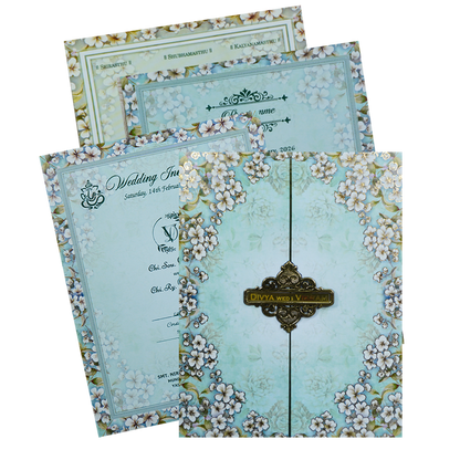 Blue White Floral Door Invitation Card-King of Cards