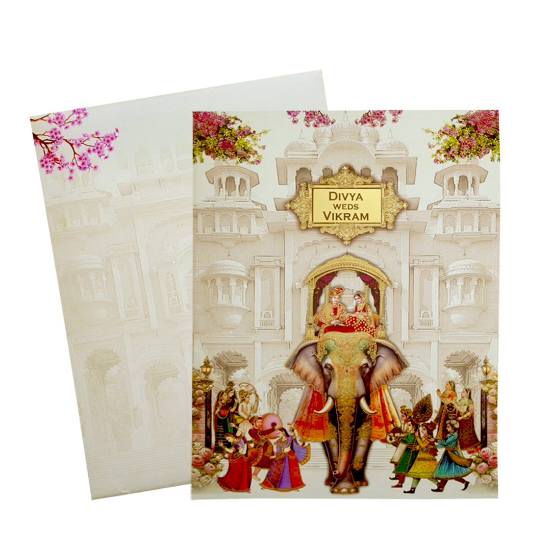 Cream Royal Elephant Nameplate Wedding Card-KNTY6811