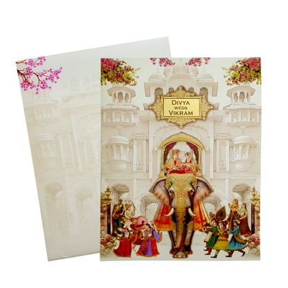 Cream Royal Elephant Nameplate Wedding Card-KNTY6811