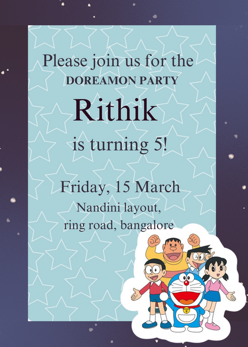 Blue Doraemon Kids Birthday Invitation-King of Cards