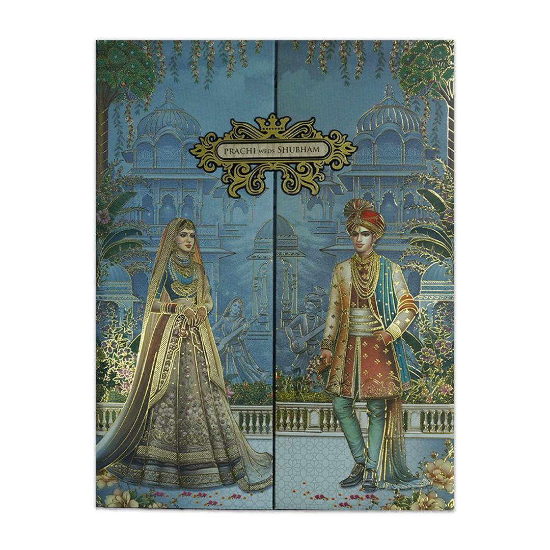 Blue Royal Couple Padded Wedding Card-KSH73150