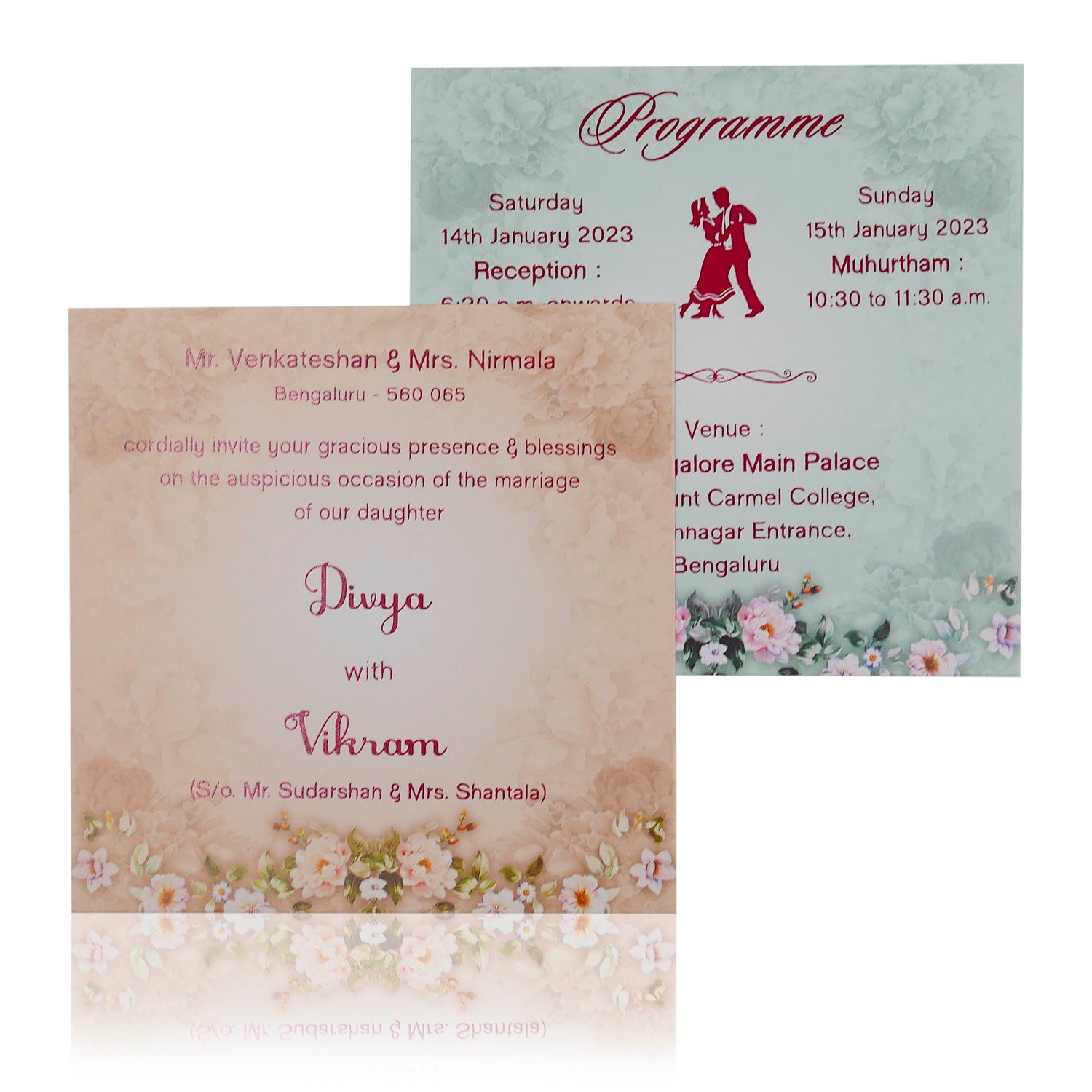 Blue Premium Padded Floral Card With Gold Border-KNC5601B