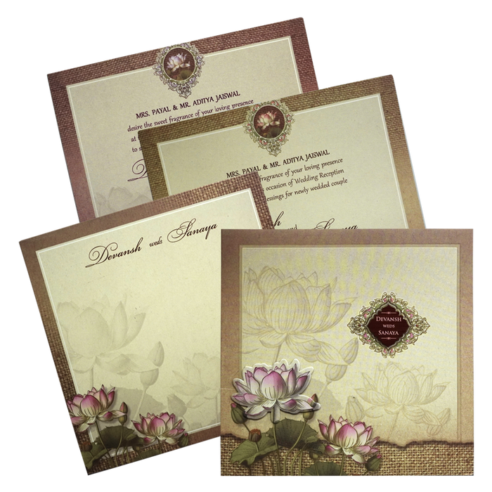 Light Brown Lotus Padded Wedding Card-King of Cards