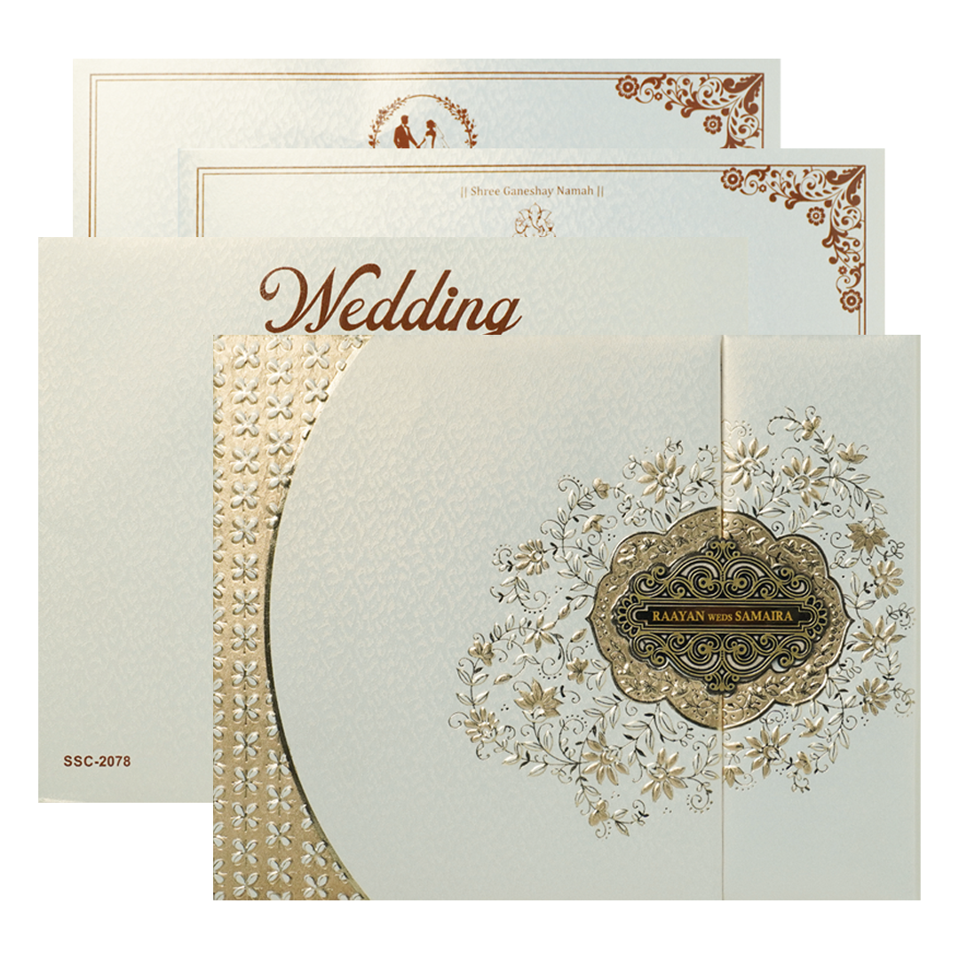 Check out White Gold Embossed Floral Padded Wedding Card at best price.✅WhatsApp Support ✅Express Delivery.|King of cards.