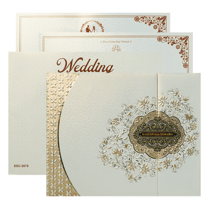 Check out White Gold Embossed Floral Padded Wedding Card at best price.✅WhatsApp Support ✅Express Delivery.|King of cards.