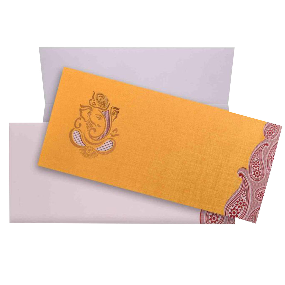 Selling White traditional envelope with ganesha print orange cover invitation card online. Buying invitation cards made easy with King of Cards! &amp;