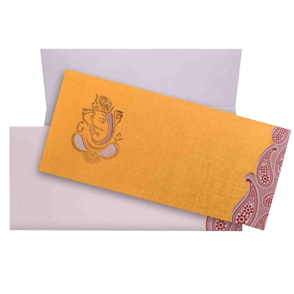 Gold Foiling Ganesha With Cut Design Border Wedding Card-KNSPM308