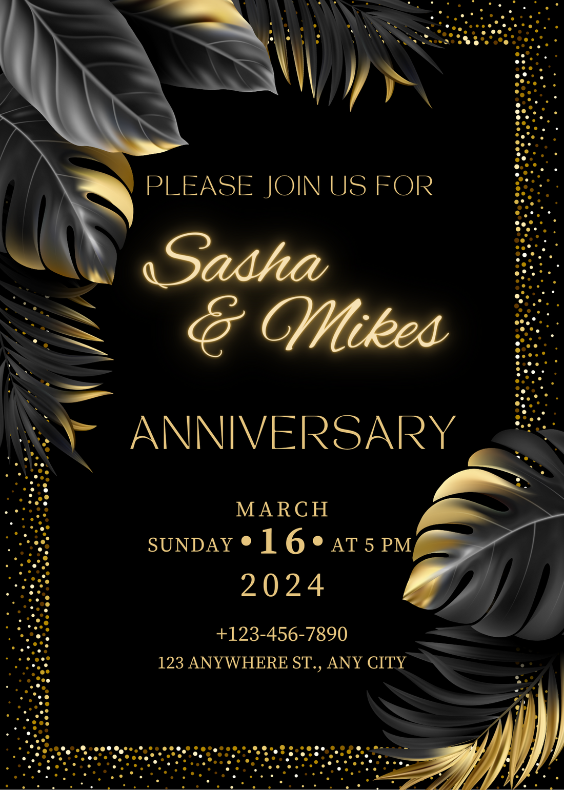 Black Glitter And Leaves Anniversary Party Invitation-AAAPI004