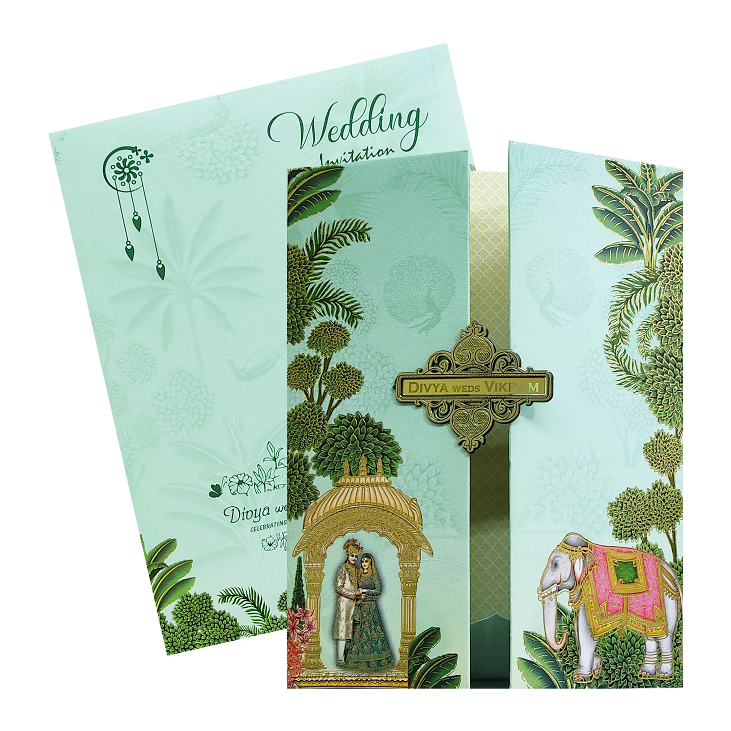Green Royal Bride Groom Padded Wedding Card-KNMO9304