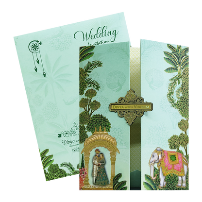 Green Royal Bride Groom Padded Wedding Card-KNMO9304