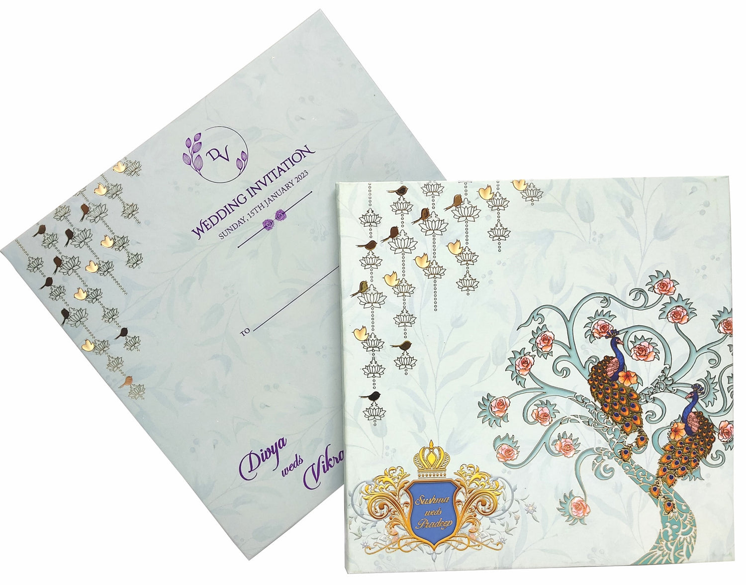 Light blue padded peacock scodix royal invitation card-KNPO02ZG
