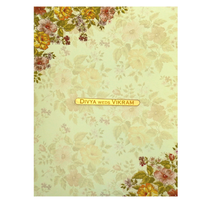 Olive Green Classic Designer Floral Offset Wedding Card With Name Plate-KNKC4031