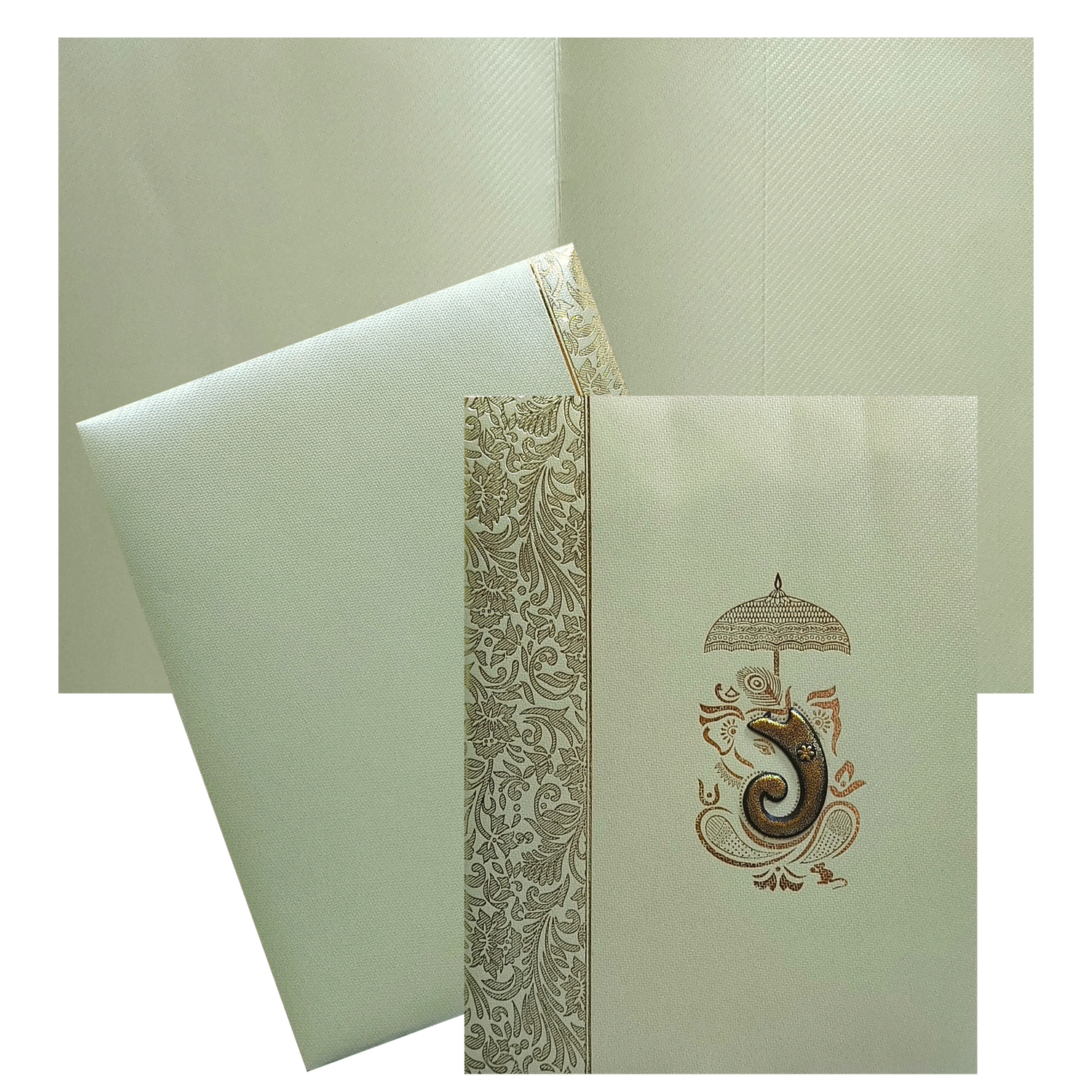 This invitation card has olive green texture sheet envelope with one folding insert and ganesha sticker.