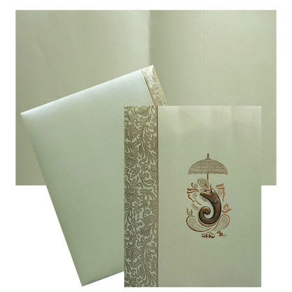 This invitation card has olive green texture sheet envelope with one folding insert and ganesha sticker.