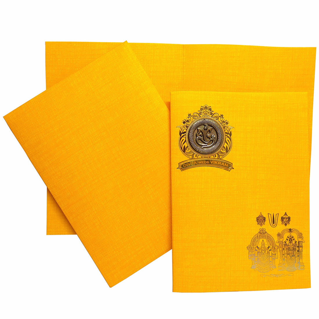 From understated elegance to opulent designs, our cards are crafted with the finest materials and attention to detail. This invitation card presents a gold foiling design at the top left with round embossed Ganesha sticker.