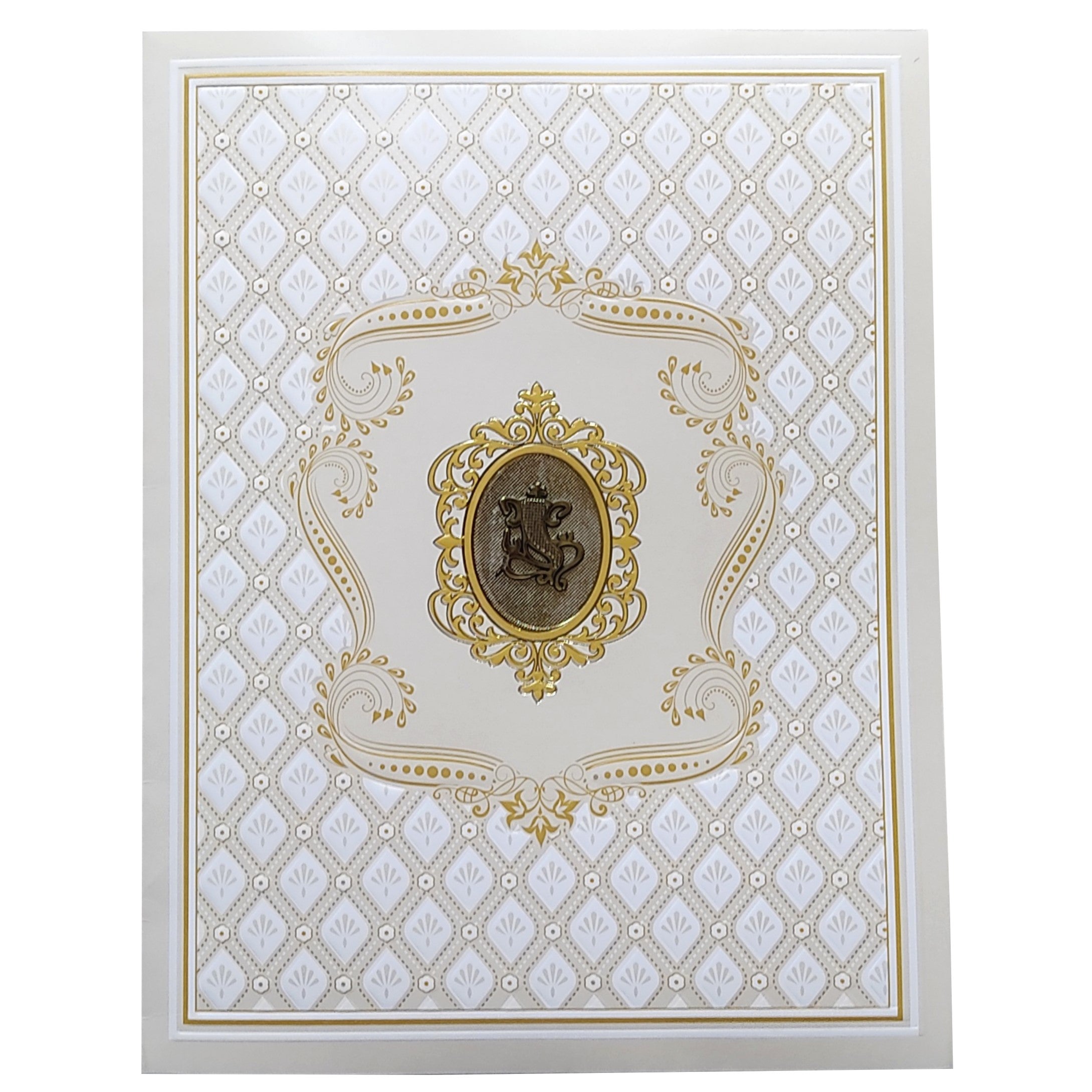 White Ganesha Embossed Invitation Card-KNJS2077