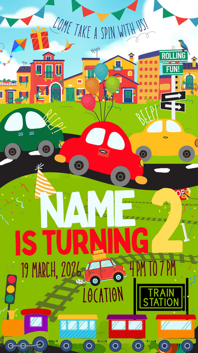 Colorful Vehicles Cars And Trains Invitation-AACAT001