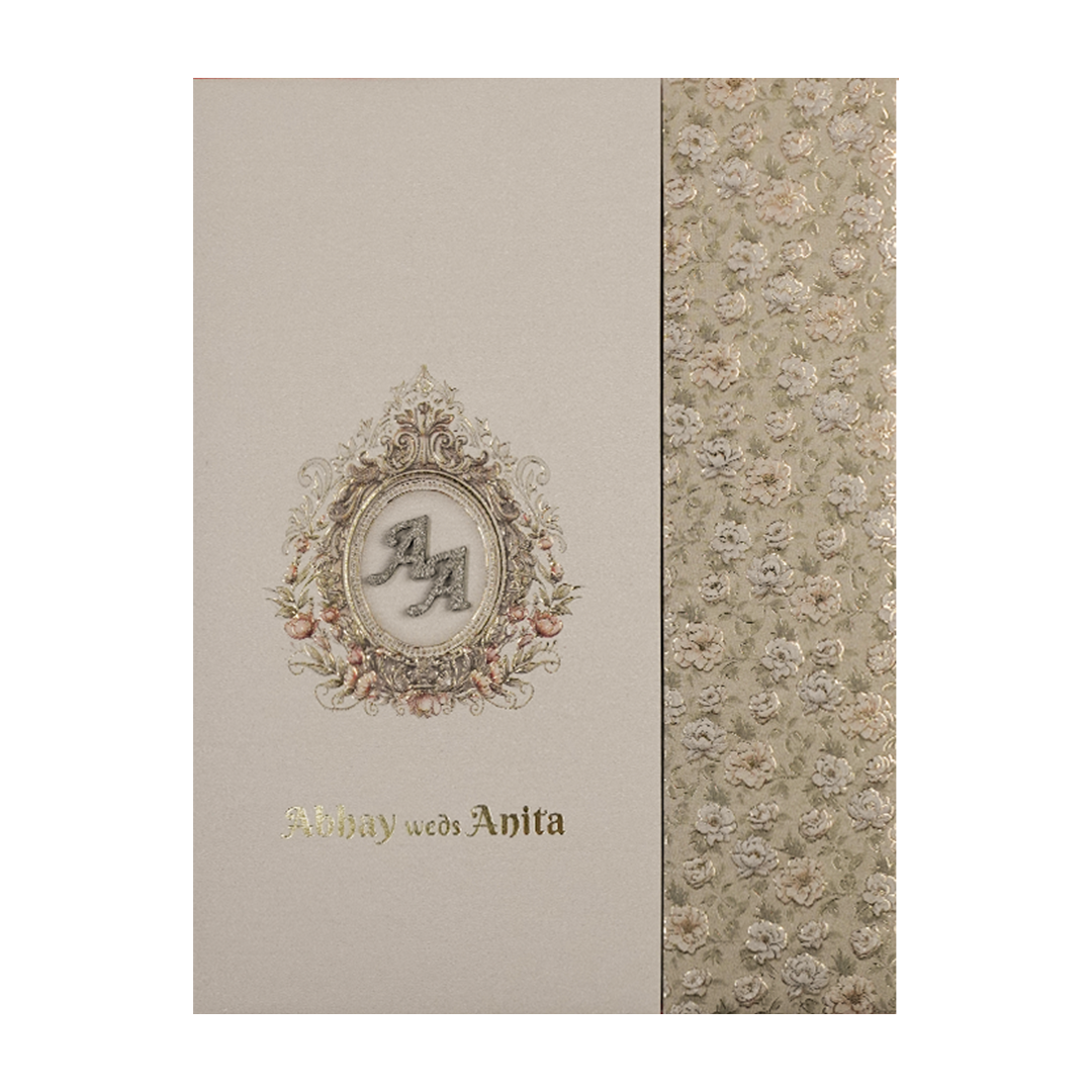 Grey Silver Floral Padded Wedding Card-KSI64240