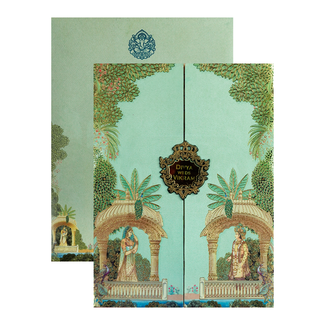 Green Mughal Gatefold Wedding Card-KNKC4087