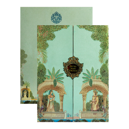 Green Mughal Gatefold Wedding Card-KNKC4087