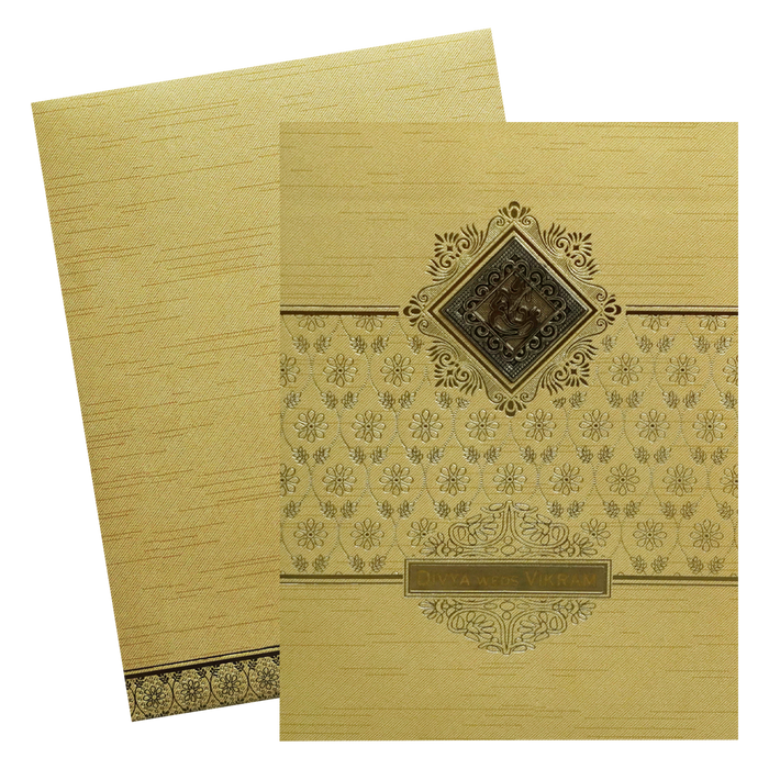 Metallic Gold Ganesha Nameplate Wedding Card-King of Cards