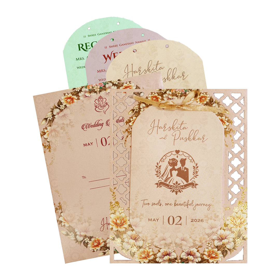Check out Cream Floral Laser Cut Wedding Card at best price. ✅WhatsApp Support ✅Express Delivery